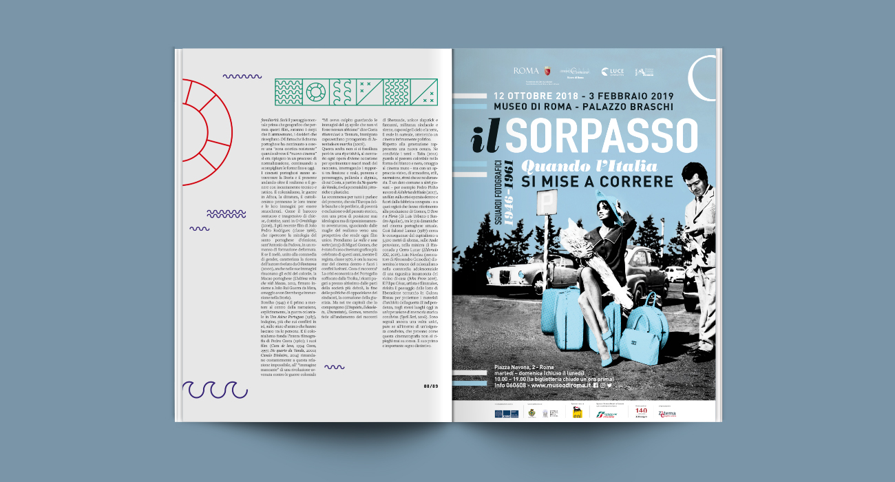 Pagina pubblicitaria per la mostra Il Sorpasso progettata e realizzata dallo studio di grafica Studio Polpo